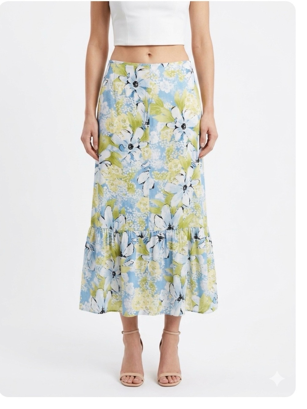 Emma James Pastel Blue & Green Floral Midi Skirt